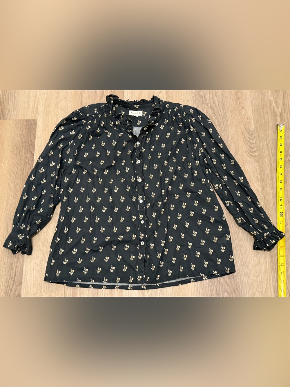 M.A.B.E MABE Blouse Small S Black Floral Cotton Ruffle Puff Sleeve Boho Top